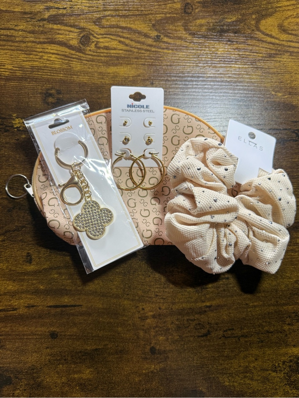 ELTAS Gold-Tone Keychain & Earrings Set with Cream Scrunchies